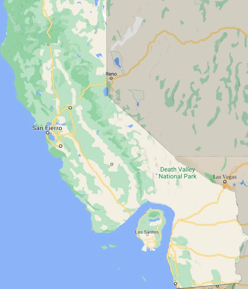 Carte des États-Unis avec San Andreas en rouge. Surnom The Golden State (( L’État doré )) Devise Eureka! « J’ai trouvé ! ».